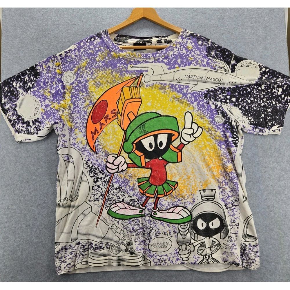 VTG Marvin The Martian Looney Tunes Mars 1991 Graphic White T-Shirt Mens XL‎